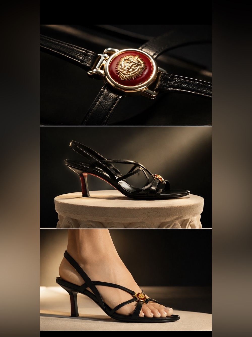 Black leather A. Testoni slingback sandals with decorative emblem Sz EU 38.5